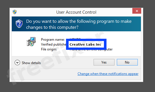 Screenshot where Creative Labs Inc appears as the verified publisher in the UAC dialog